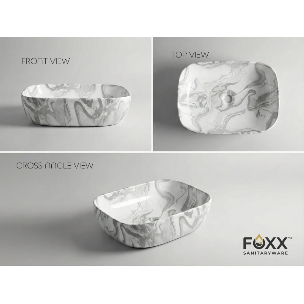 Foxx Sanitaryware Ceramic Premium Designer Wash basin for Home, Hotels (18x13x5)(M-80) BW (18x13x5) (M-80) BW Table Top Basin (Grey & White Design)
