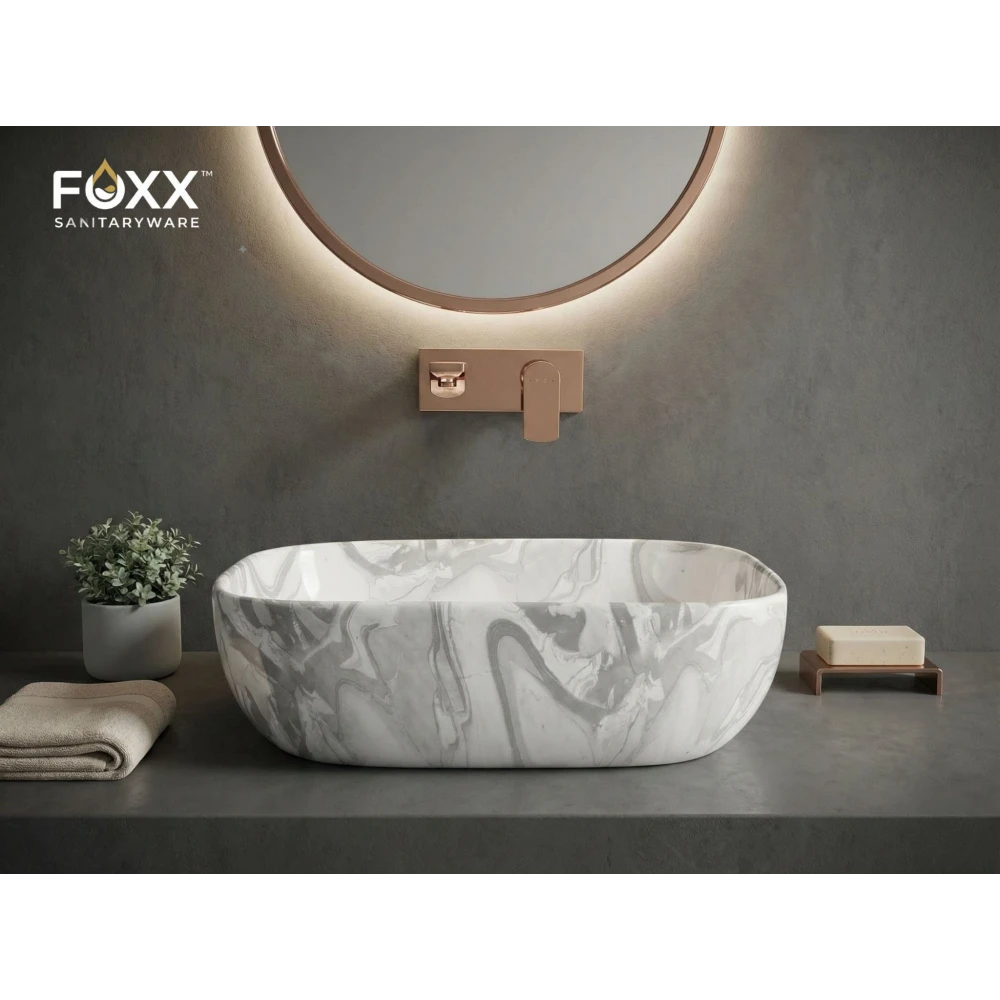 Foxx Sanitaryware Ceramic Premium Designer Wash basin for Home, Hotels (18x13x5)(M-80) BW (18x13x5) (M-80) BW Table Top Basin (Grey & White Design)