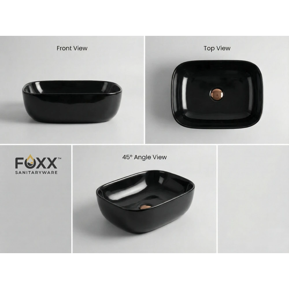 Foxx Sanitaryware Ceramic Premium Wash basin for Home, Hotels (18x13x5)(Black Glossy) (18x13x5) Royal (Black Glossy) Table Top Basin (Piano Black)