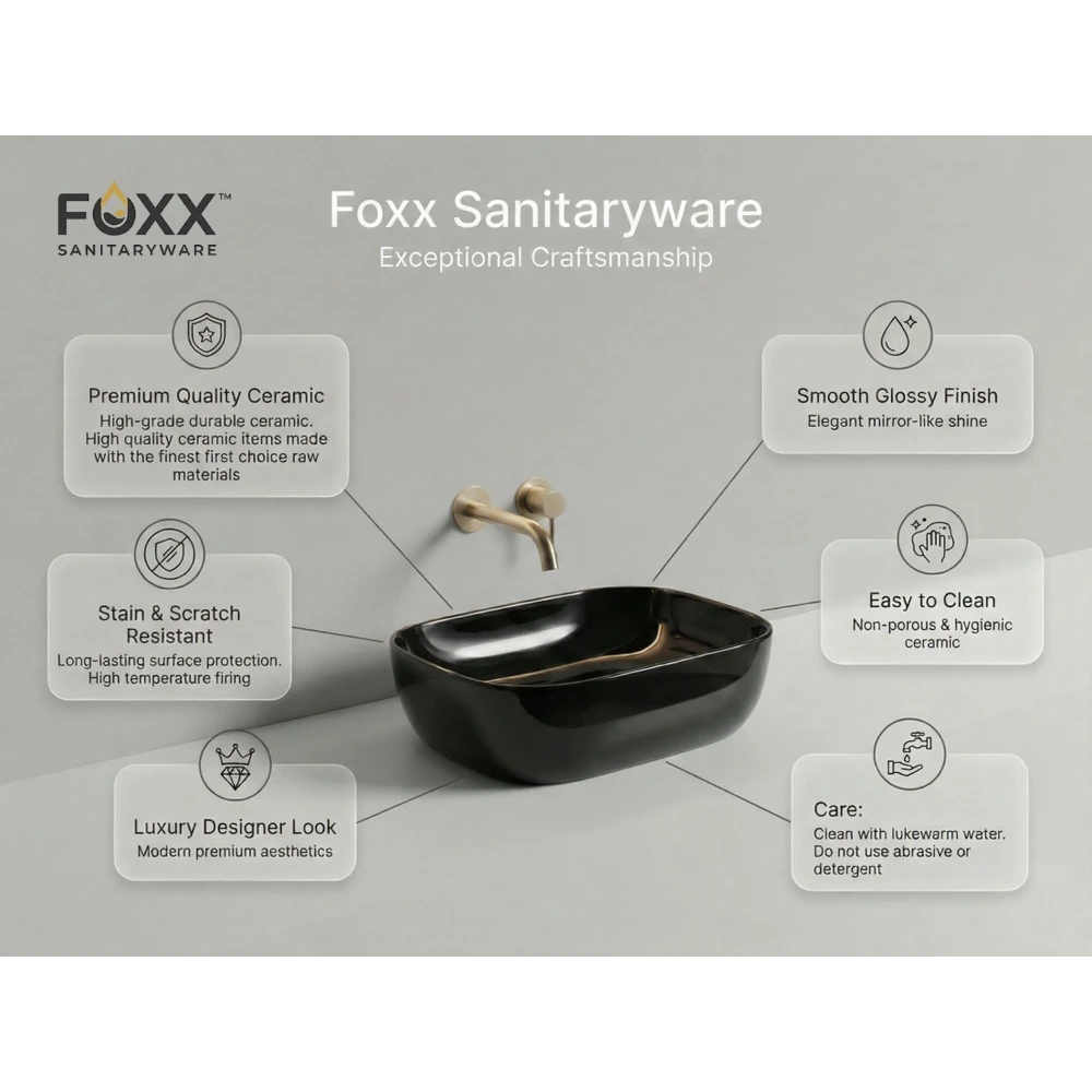 Foxx Sanitaryware Ceramic Premium Wash basin for Home, Hotels (18x13x5)(Black Glossy) (18x13x5) Royal (Black Glossy) Table Top Basin (Piano Black)
