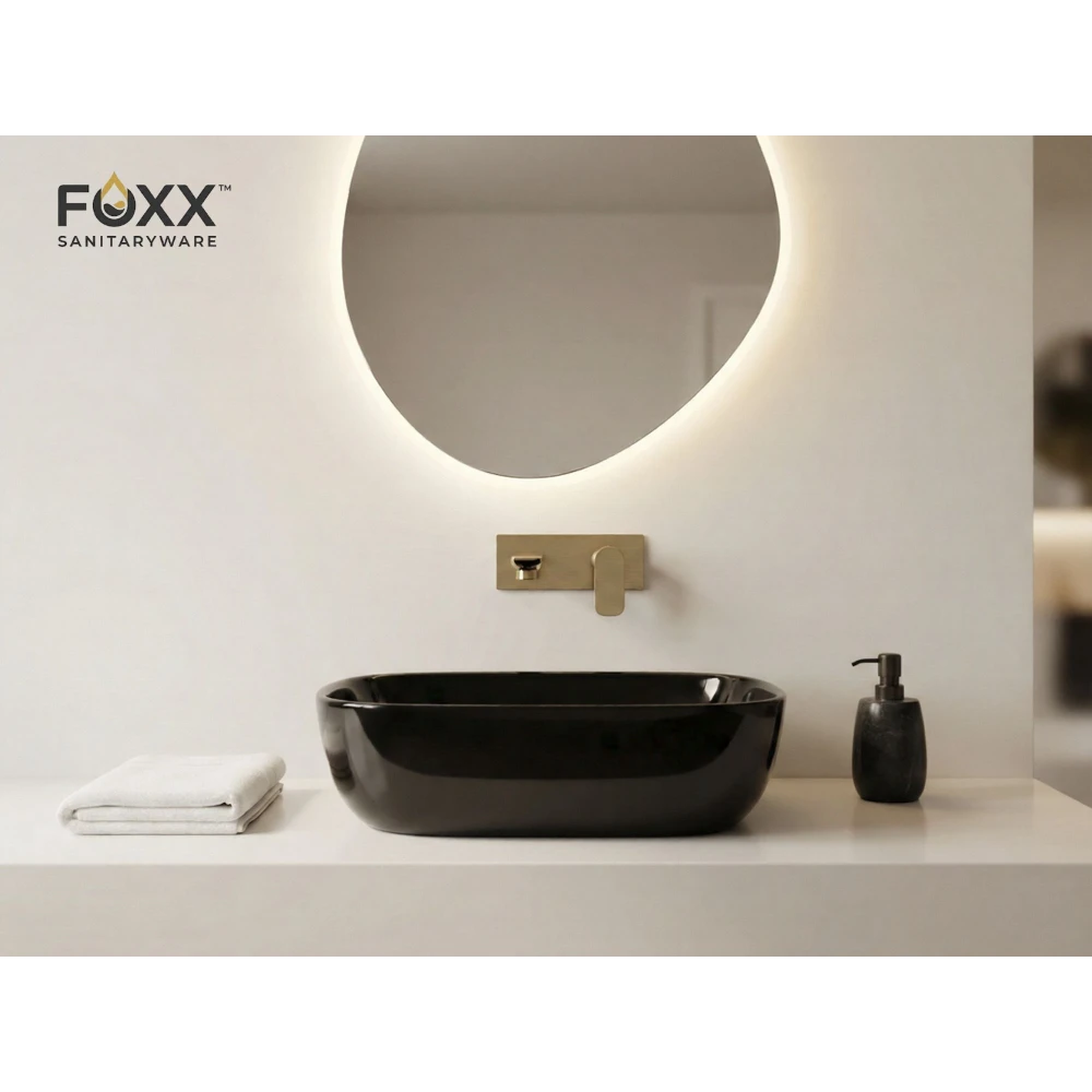 Foxx Sanitaryware Ceramic Premium Wash basin for Home, Hotels (18x13x5)(Black Glossy) (18x13x5) Royal (Black Glossy) Table Top Basin (Piano Black)