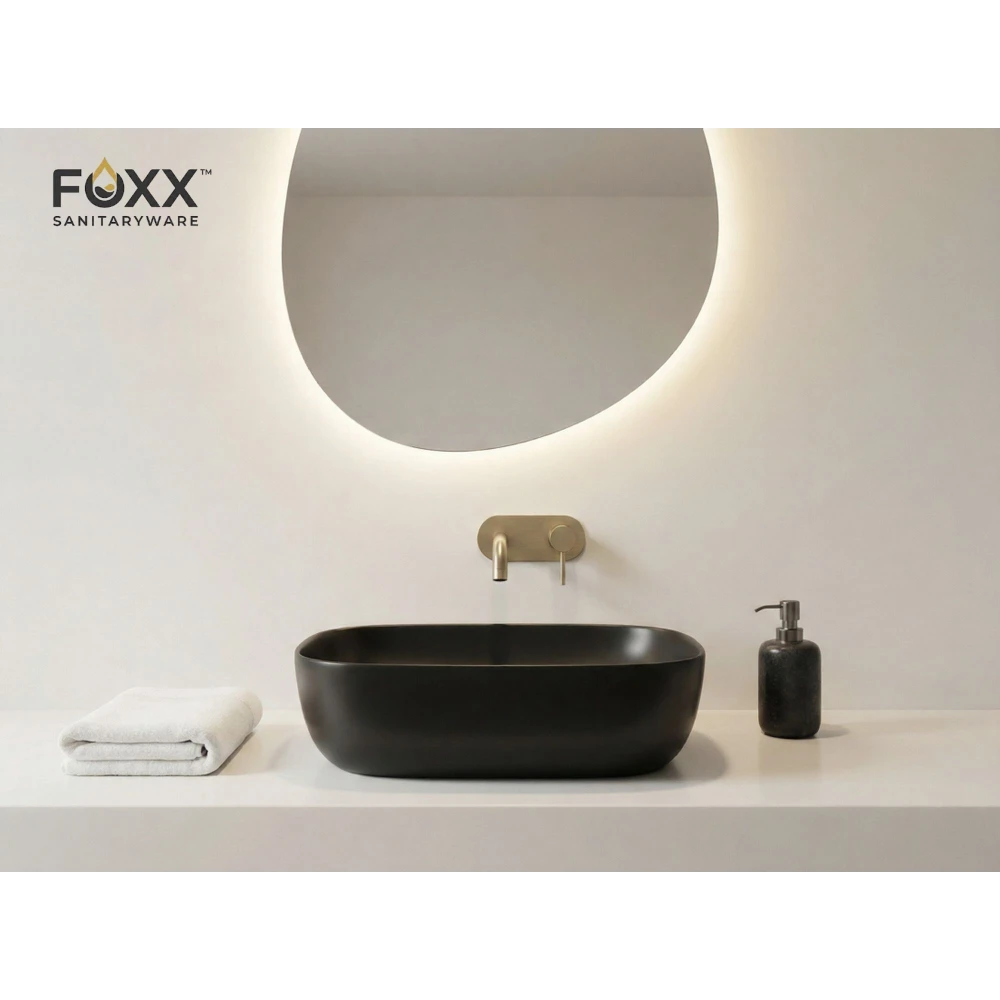 Foxx Sanitaryware Ceramic Premium Wash basin for Home, Hotels (18x13x5)(Black Matt) (18x13x5) Royal (Black Matt) Table Top Basin (Carbon Matte)