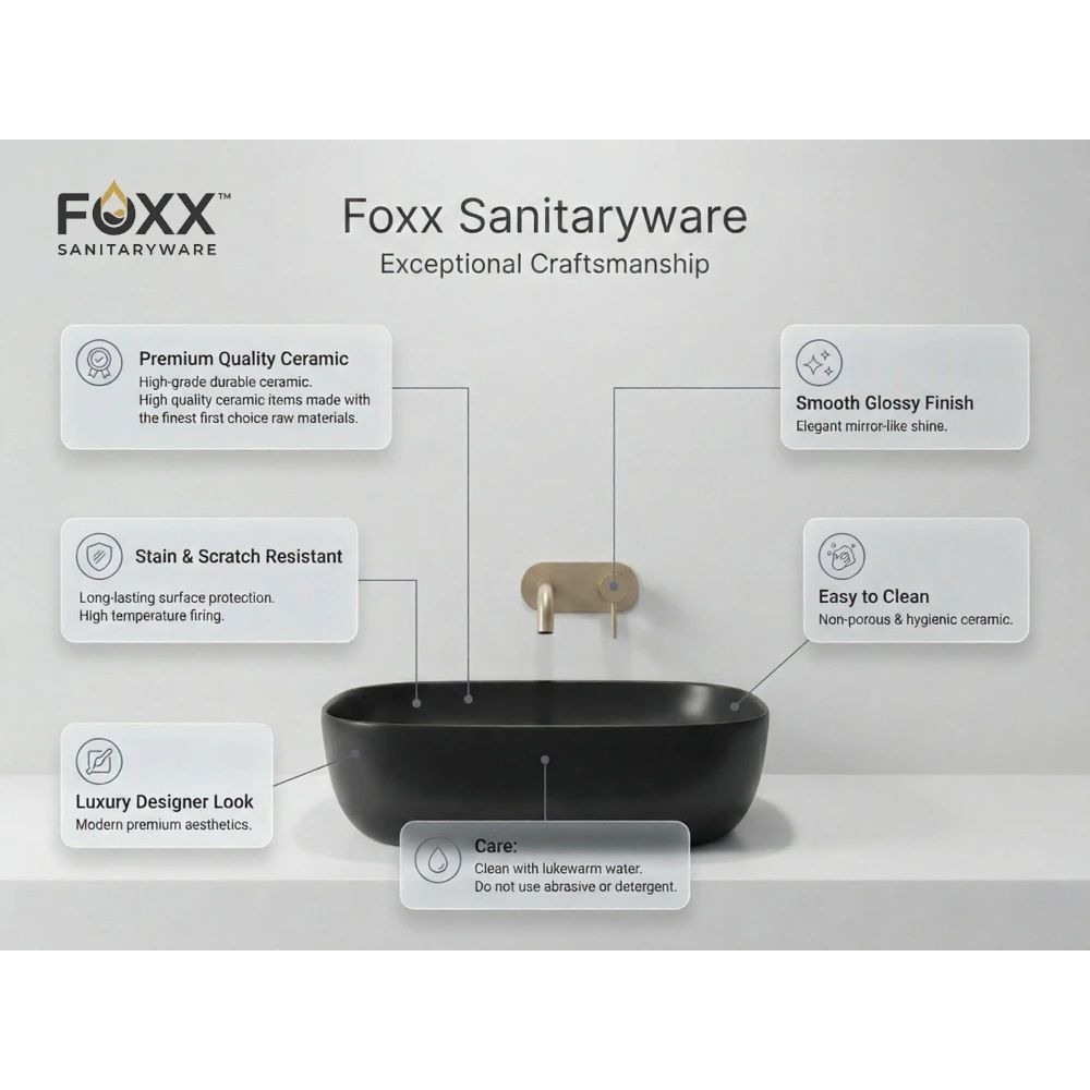 Foxx Sanitaryware Ceramic Premium Wash basin for Home, Hotels (18x13x5)(Black Matt) (18x13x5) Royal (Black Matt) Table Top Basin (Carbon Matte)