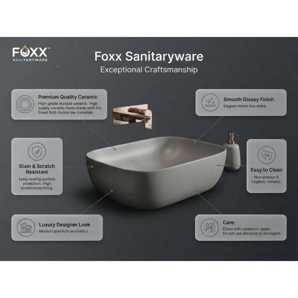 Foxx Sanitaryware Ceramic Premium Designer Wash basin for Home, Hotels (18x13x5)(M-34 New) (18x13x5) Royal (Grey) Table Top Basin (Plain Grey)