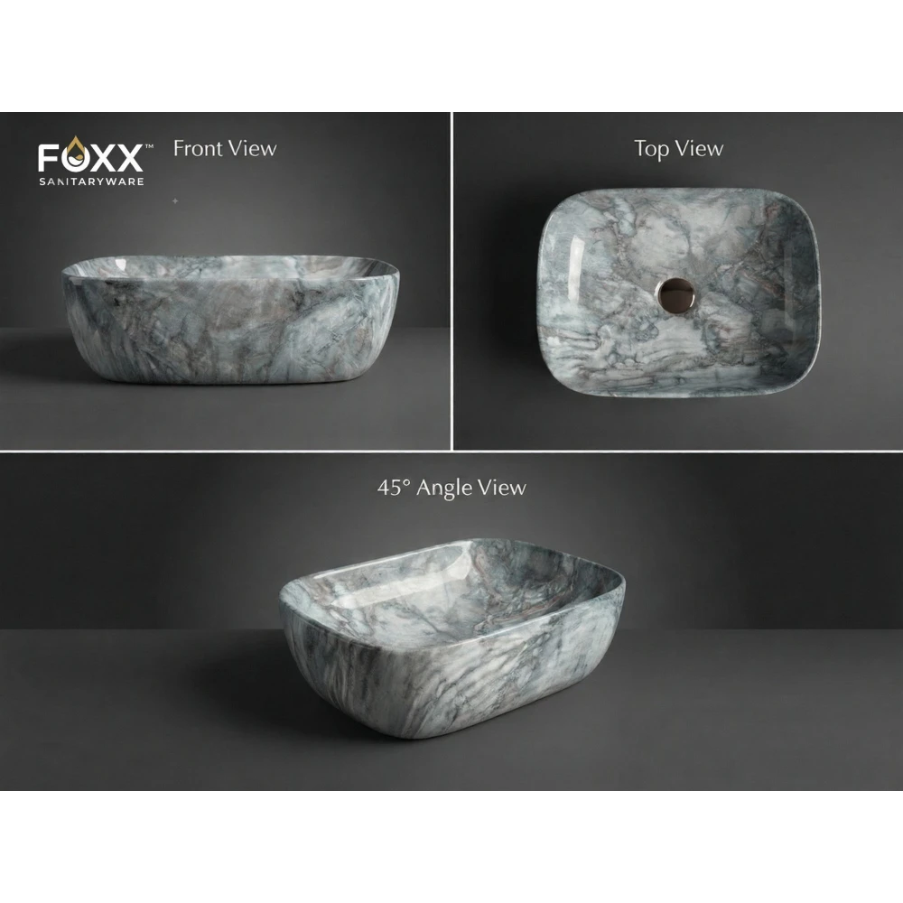 Foxx Sanitaryware (18x13x5) Royal (M16) Table Top Basin (Blue & Multicolor Marble Design)