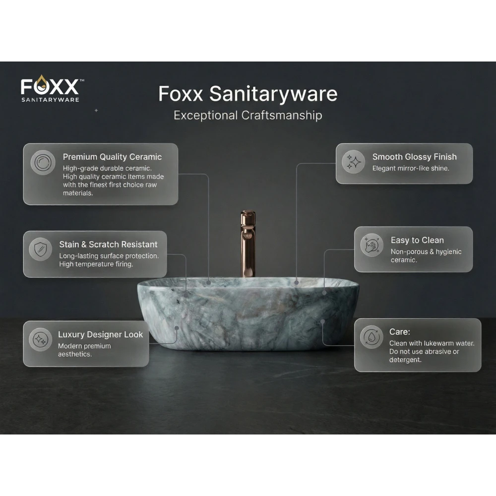 Foxx Sanitaryware (18x13x5) Royal (M16) Table Top Basin (Blue & Multicolor Marble Design)