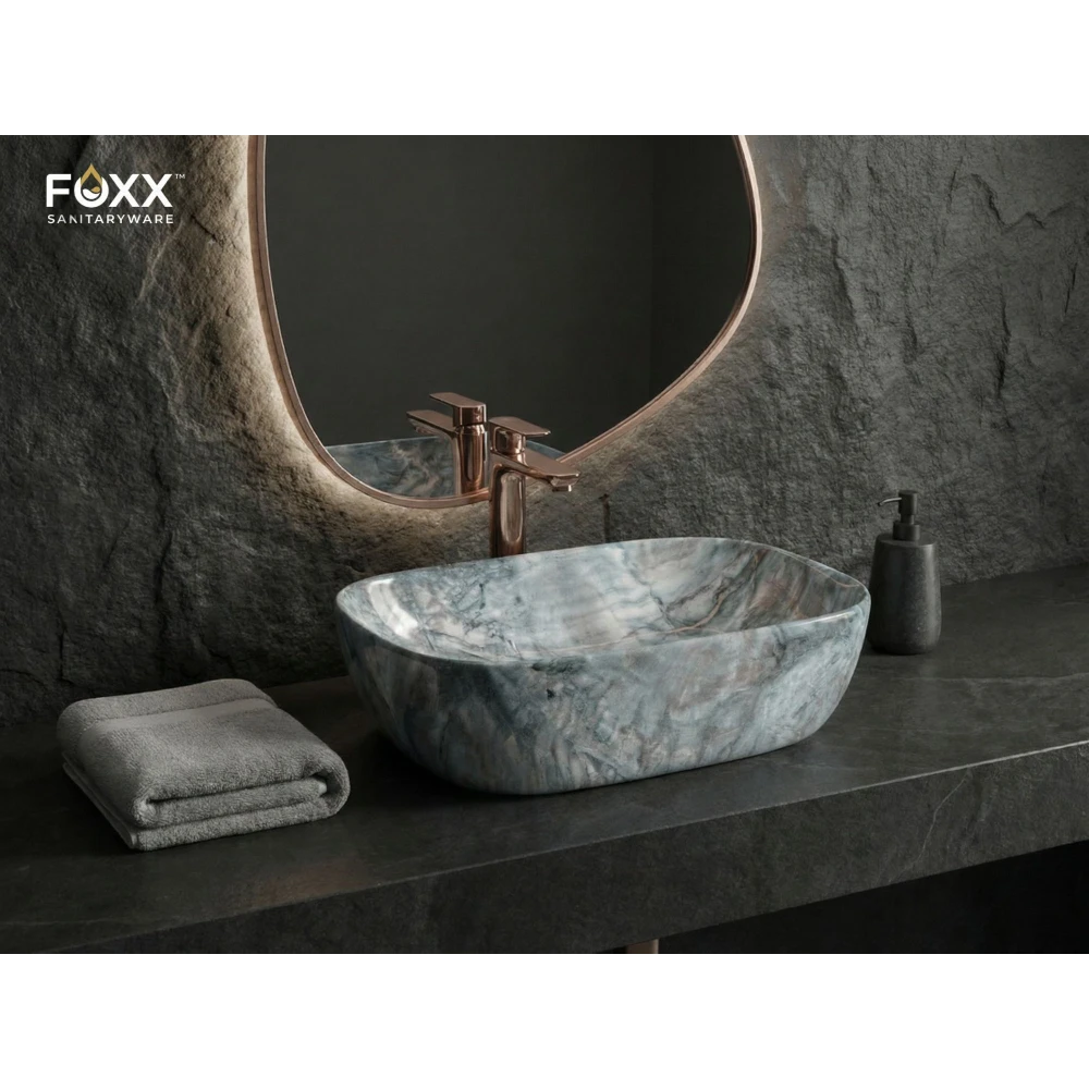 Foxx Sanitaryware (18x13x5) Royal (M16) Table Top Basin (Blue & Multicolor Marble Design)