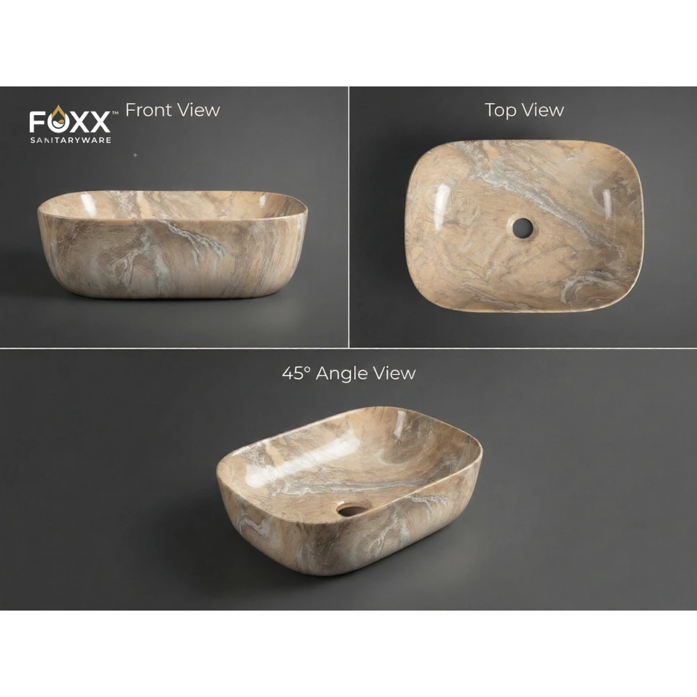 Foxx Sanitaryware Ceramic Premium Designer Wash basin for Home, Hotels (18x13x5)(M-18) (18x13x5) Royal (M18) Table Top Basin (Beige Marble Design)