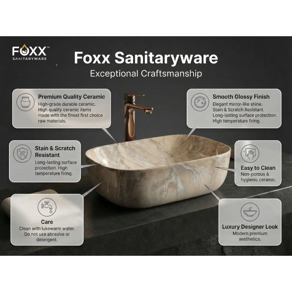 Foxx Sanitaryware Ceramic Premium Designer Wash basin for Home, Hotels (18x13x5)(M-18) (18x13x5) Royal (M18) Table Top Basin (Beige Marble Design)