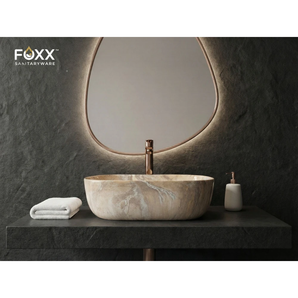 Foxx Sanitaryware Ceramic Premium Designer Wash basin for Home, Hotels (18x13x5)(M-18) (18x13x5) Royal (M18) Table Top Basin (Beige Marble Design)