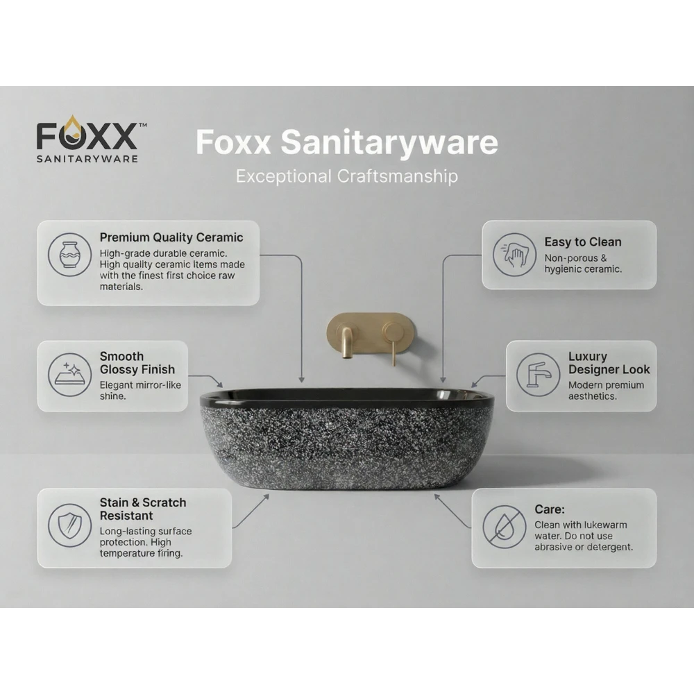 Foxx Sanitaryware Ceramic Premium Wash basin for Home, Hotels (18x13x5)(M-22) (18x13x5) Royal (M22) Table Top Basin (Midnight Granite)
