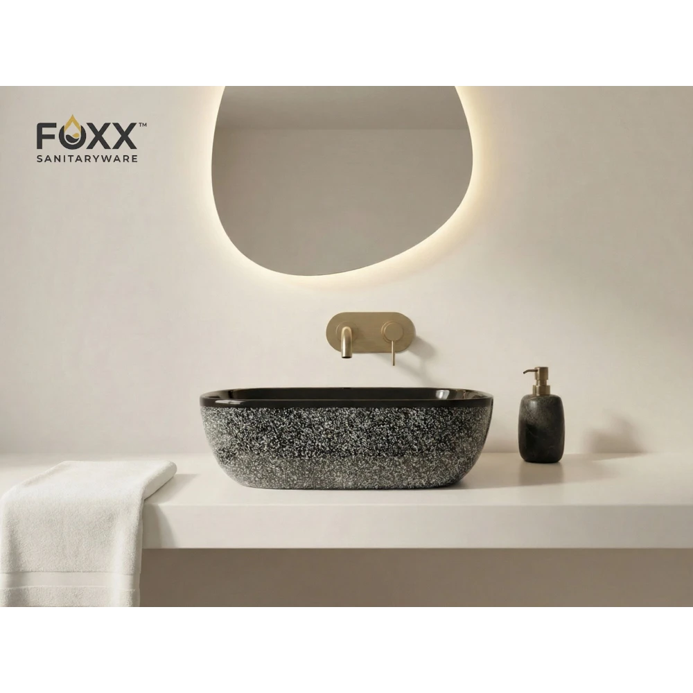 Foxx Sanitaryware Ceramic Premium Wash basin for Home, Hotels (18x13x5)(M-22) (18x13x5) Royal (M22) Table Top Basin (Midnight Granite)