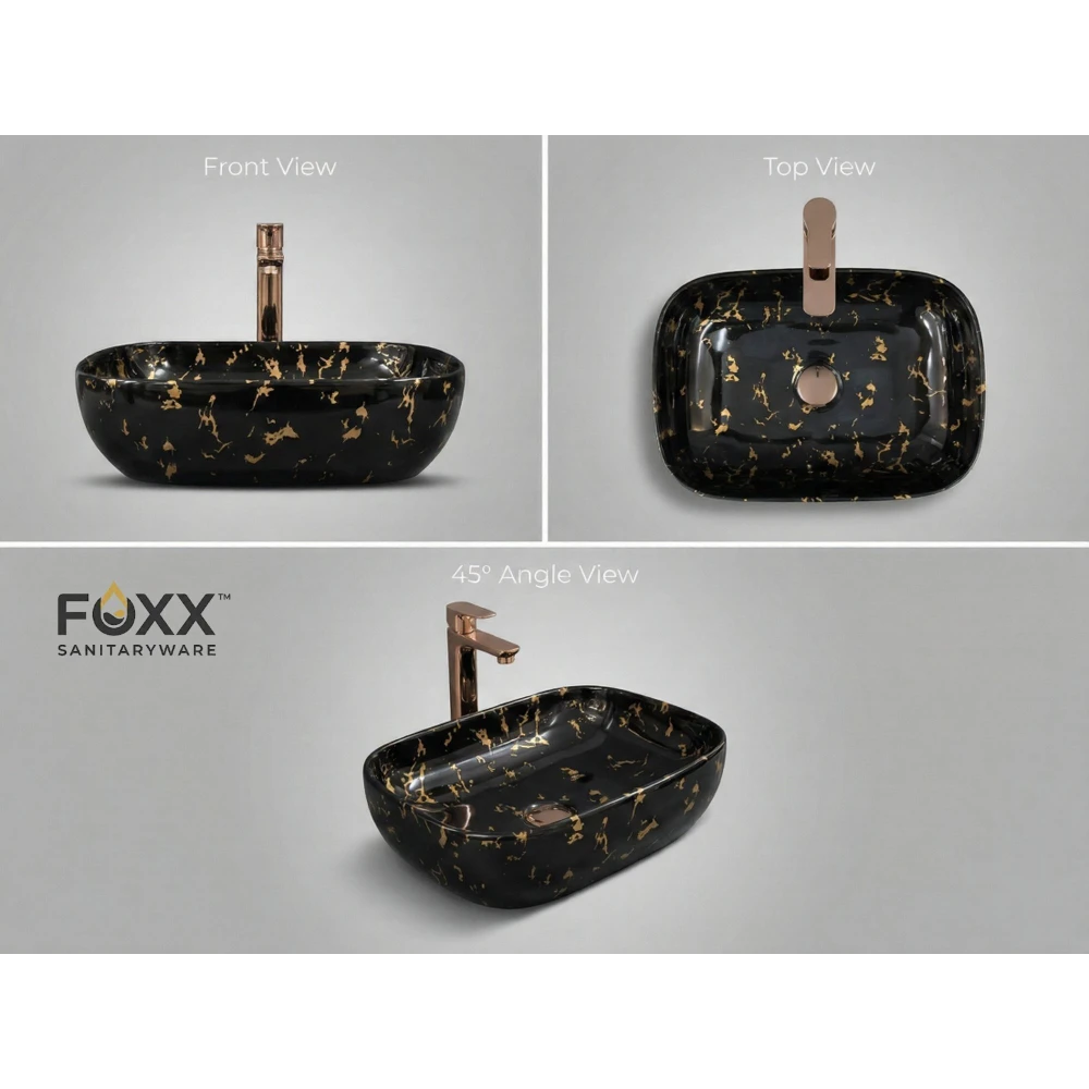 Foxx Sanitaryware Ceramic Premium Wash basin for Home, Hotels (18x13x5)(M-24) (18x13x5) Royal (M24) Table Top Basin (Midnight Gold)