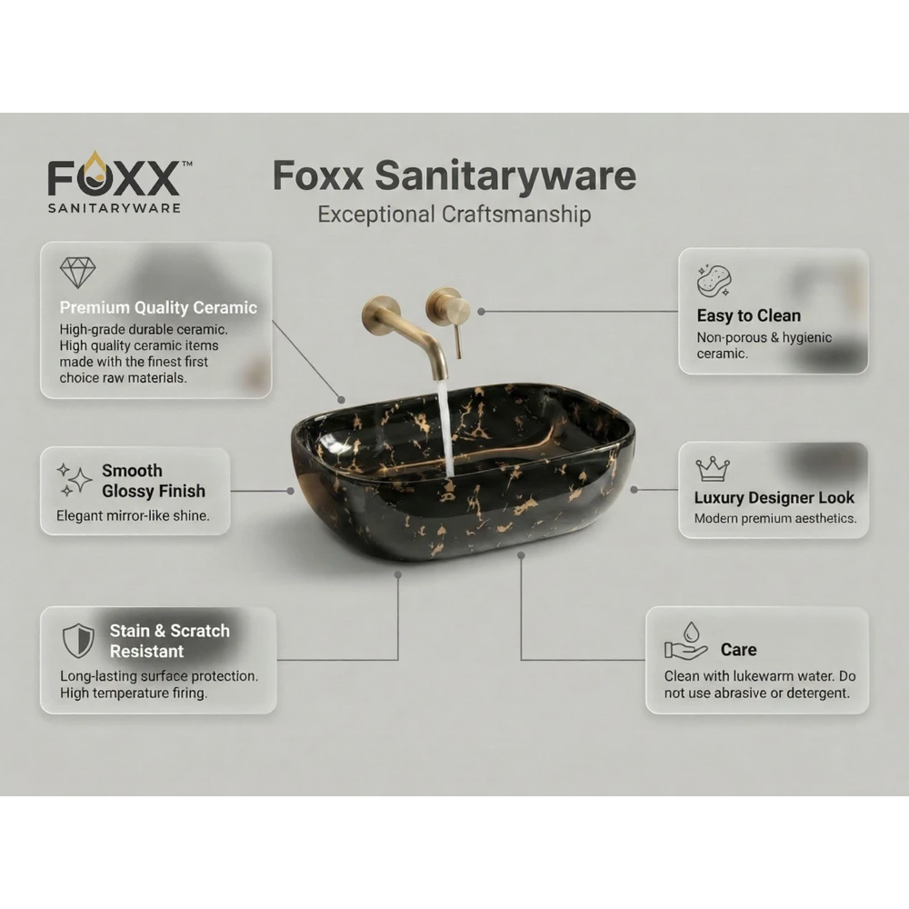 Foxx Sanitaryware Ceramic Premium Wash basin for Home, Hotels (18x13x5)(M-24) (18x13x5) Royal (M24) Table Top Basin (Midnight Gold)