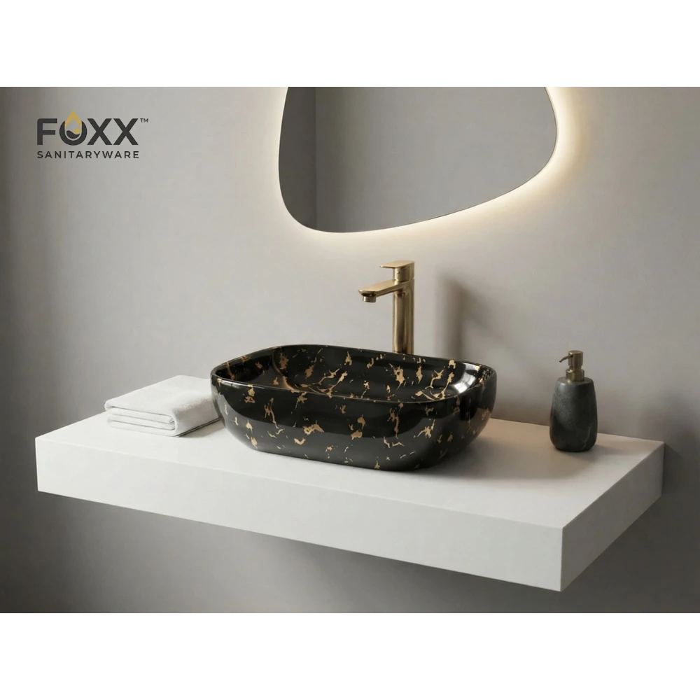Foxx Sanitaryware Ceramic Premium Wash basin for Home, Hotels (18x13x5)(M-24) (18x13x5) Royal (M24) Table Top Basin (Midnight Gold)