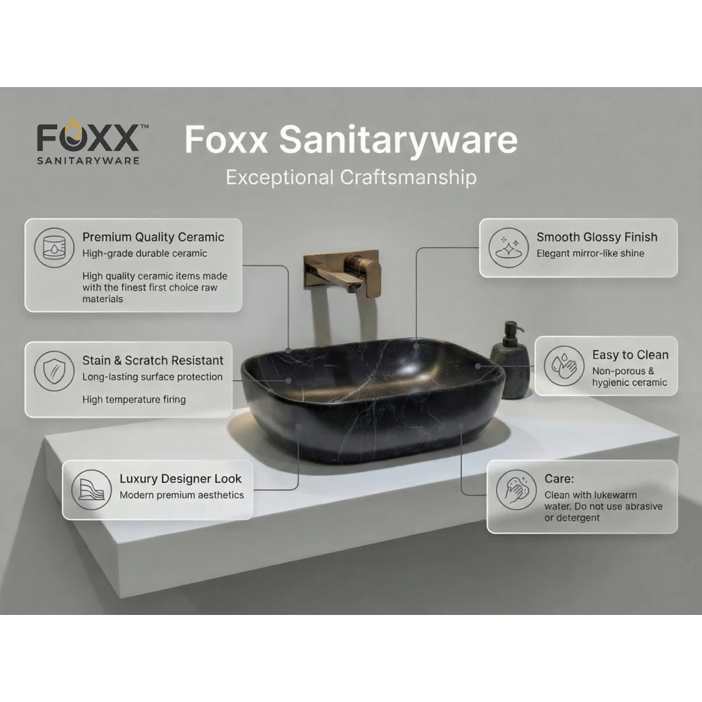 Foxx Sanitaryware Ceramic Premium Wash basin for Home, Hotels (18x13x5)(M-25 Matt) (18x13x5) Royal (M25 Matte) Table Top Basin (Black Galaxy Matte)
