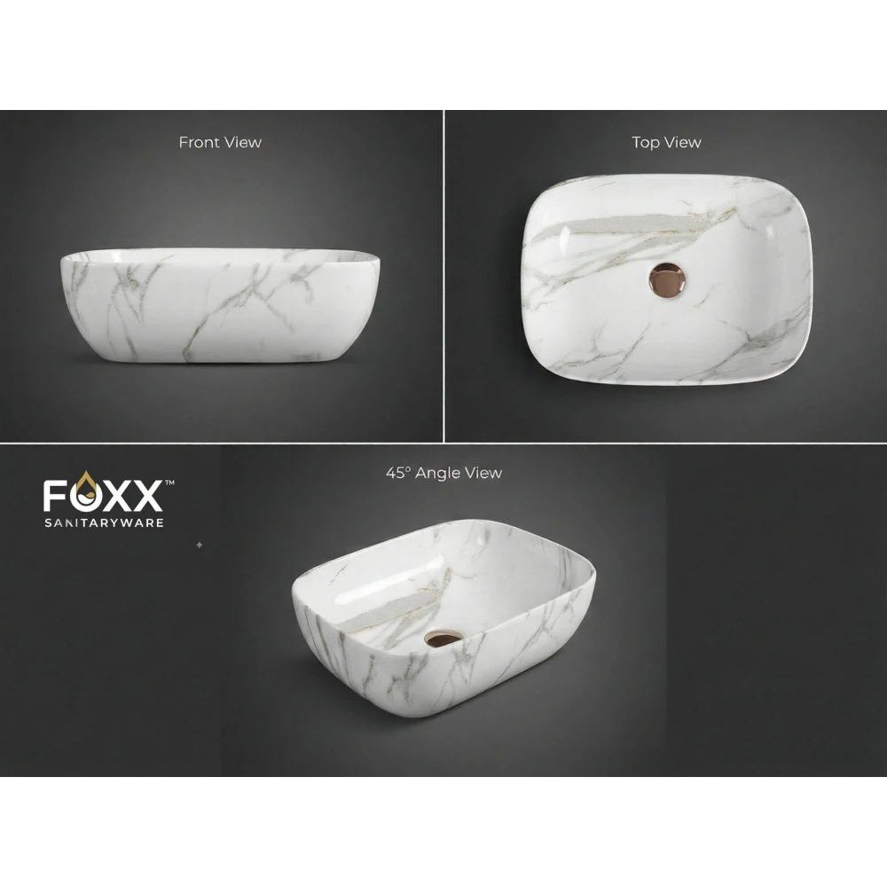 Foxx Sanitaryware Ceramic Premium Designer Wash basin for Home, Hotels (18x13x5)(M-34) (18x13x5) Royal (M34) Table Top Basin (White & Light Grey Marble Design)