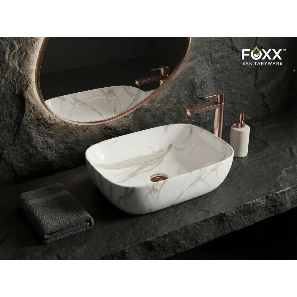 Foxx Sanitaryware Ceramic Premium Designer Wash basin for Home, Hotels (18x13x5)(M-34) (18x13x5) Royal (M34) Table Top Basin (White & Light Grey Marble Design)