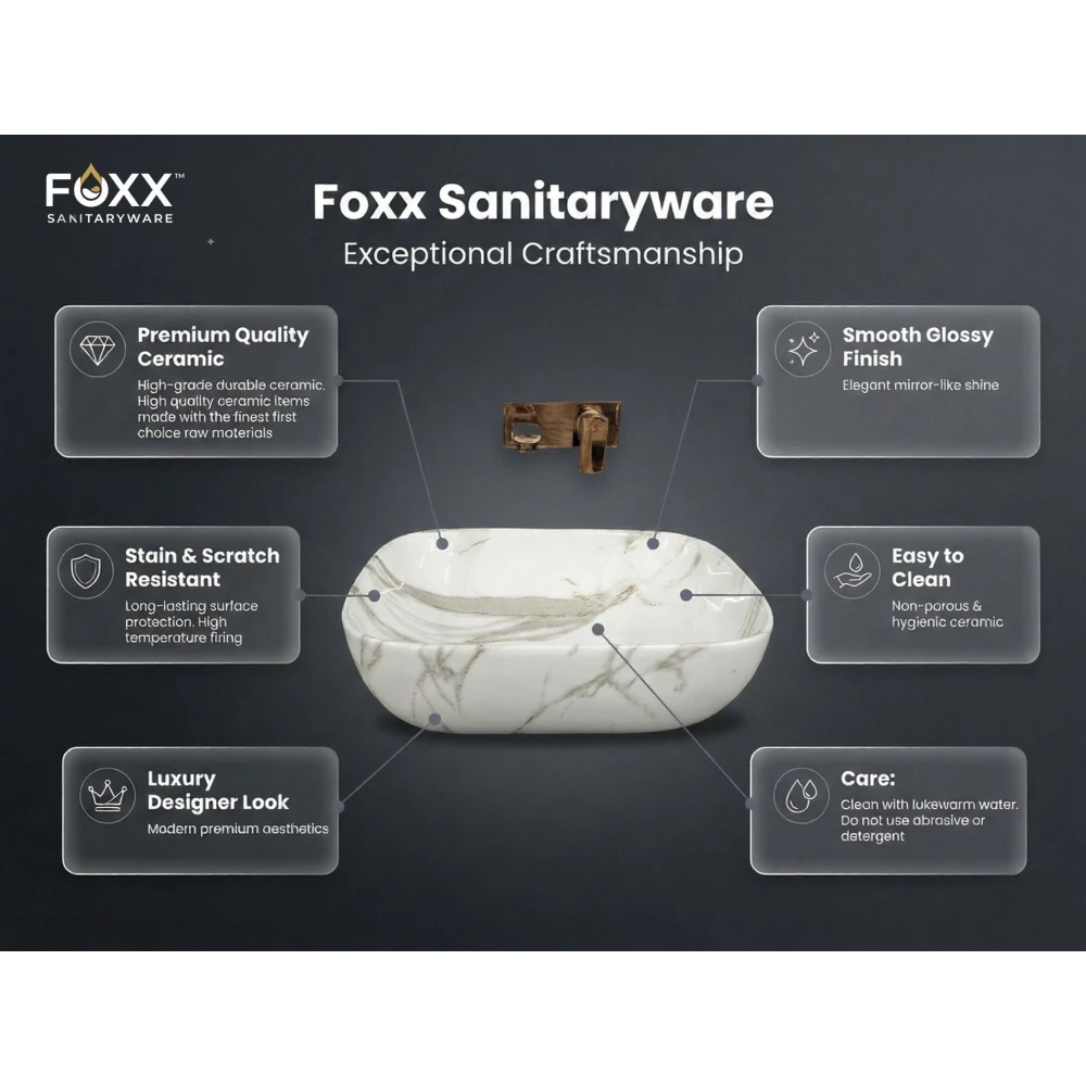 Foxx Sanitaryware Ceramic Premium Designer Wash basin for Home, Hotels (18x13x5)(M-34) (18x13x5) Royal (M34) Table Top Basin (White & Light Grey Marble Design)