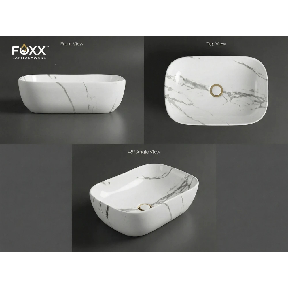 Foxx Sanitaryware Ceramic Premium Designer Wash basin for Home, Hotels (18x13x5)(M-34 New) (18x13x5) Royal (M34 New) Table Top Basin (Dark Grey & White Marble Design)