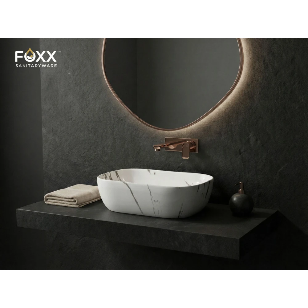FOXX Ceramic Premium Wash basin for Home, Hotels (18x13x5)(M-34 New) (18x13x5) (White & Grey Marble Design) Top Mount (White & Grey Marble Design)