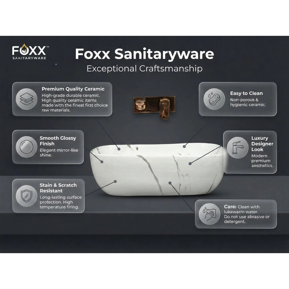 Foxx Sanitaryware Ceramic Premium Designer Wash basin for Home, Hotels (18x13x5)(M-34 New) (18x13x5) Royal (M34 New) Table Top Basin (Dark Grey & White Marble Design)