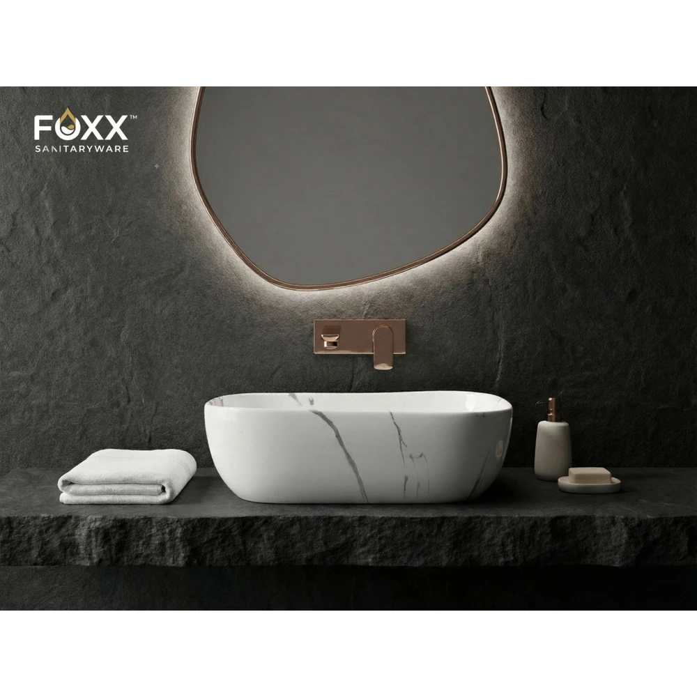 Foxx Sanitaryware Ceramic Premium Designer Wash basin for Home, Hotels (18x13x5)(M-34 New) (18x13x5) Royal (M34 New) Table Top Basin (Dark Grey & White Marble Design)