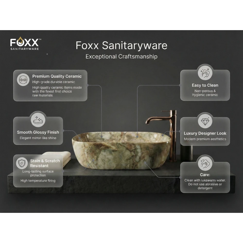 Foxx Sanitaryware Ceramic Premium Designer Wash basin for Home, Hotels (18x13x5)(M-43) (18x13x5) Royal (M43) Table Top Basin (Multicolor Marble Design)
