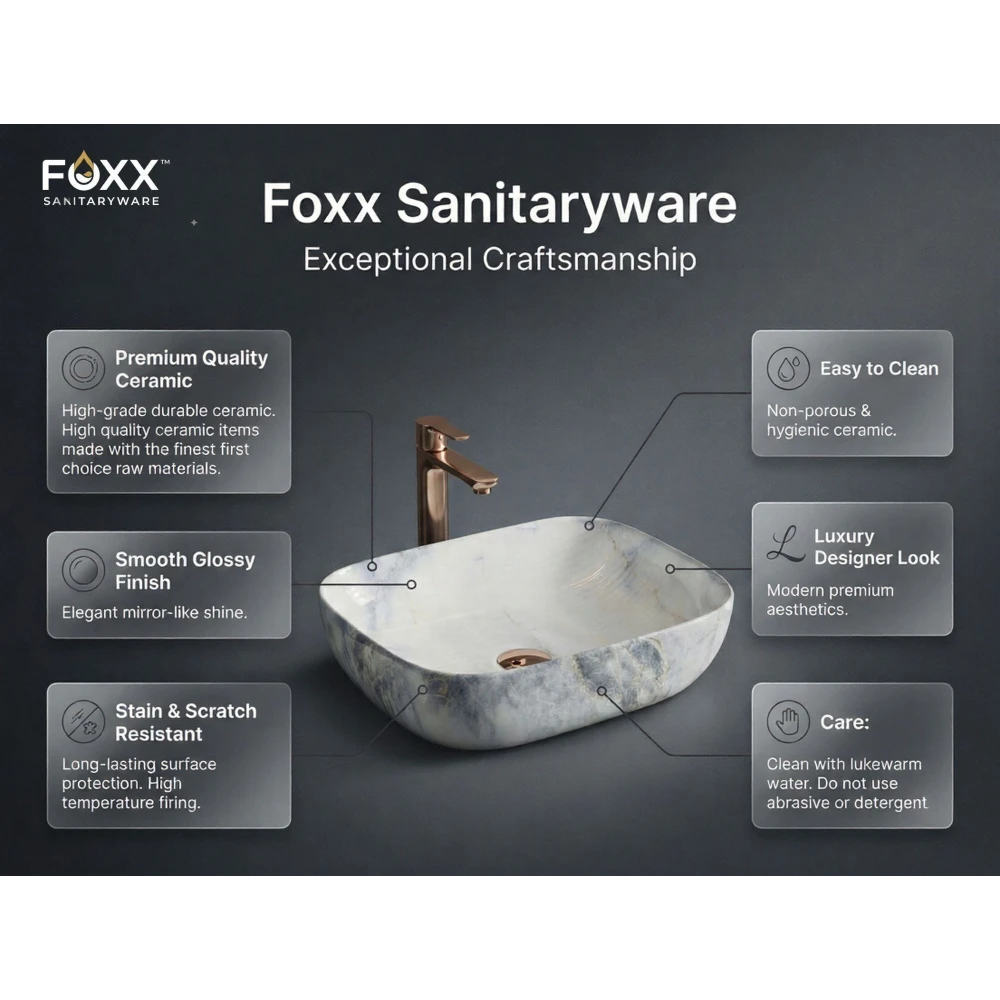 Foxx Sanitaryware Ceramic Premium Designer Wash basin for Home, Hotels (18x13x5)(M-49) (18x13x5) Royal (M49) Table Top Basin (Light Blue Marble Design)