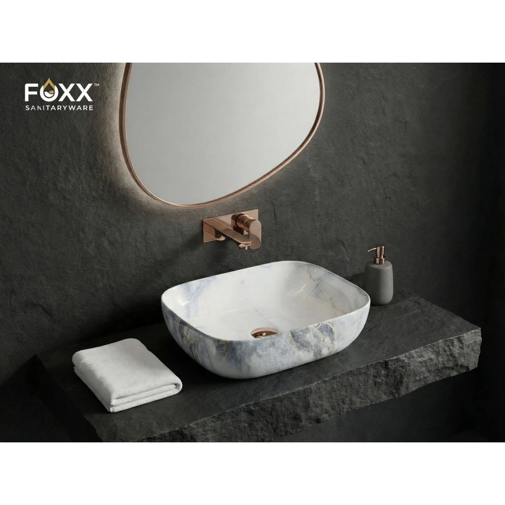 Foxx Sanitaryware Ceramic Premium Designer Wash basin for Home, Hotels (18x13x5)(M-49) (18x13x5) Royal (M49) Table Top Basin (Light Blue Marble Design)