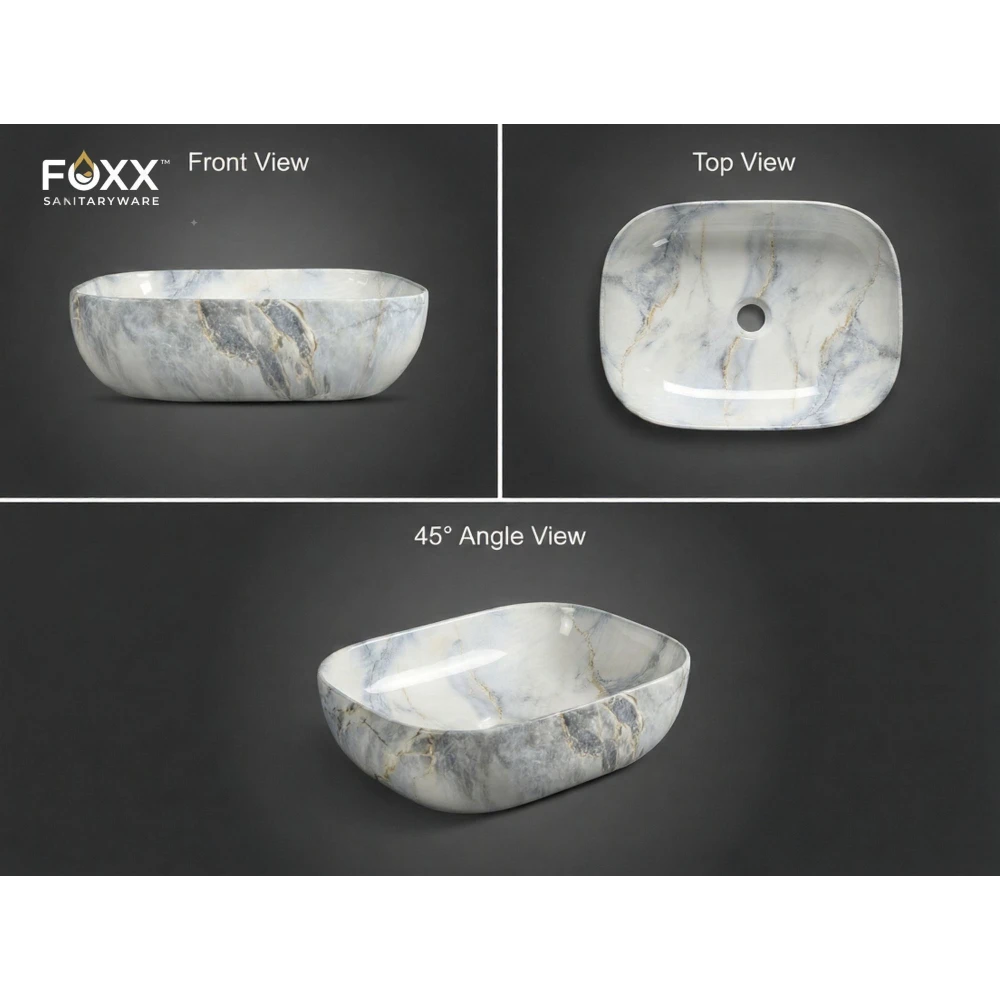 Foxx Sanitaryware Ceramic Premium Designer Wash basin for Home, Hotels (18x13x5)(M-49) (18x13x5) Royal (M49) Table Top Basin (Light Blue Marble Design)