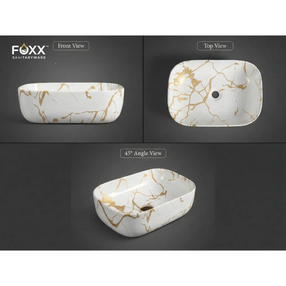 Foxx Sanitaryware Ceramic Premium Designer Wash basin for Home, Hotels (18x13x5)(M-51) (18x13x5) Royal (M51) Table Top Basin (White & Golden Line Design)