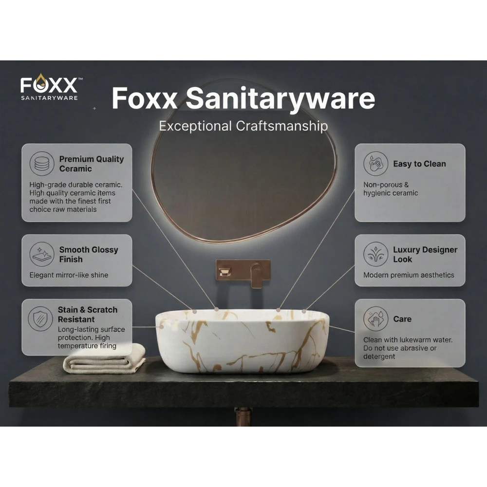 Foxx Sanitaryware Ceramic Premium Designer Wash basin for Home, Hotels (18x13x5)(M-51) (18x13x5) Royal (M51) Table Top Basin (White & Golden Line Design)