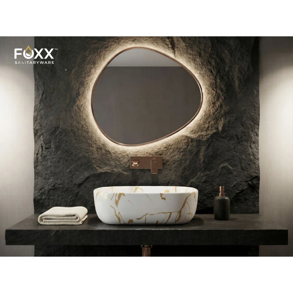 Foxx Sanitaryware Ceramic Premium Designer Wash basin for Home, Hotels (18x13x5)(M-51) (18x13x5) Royal (M51) Table Top Basin (White & Golden Line Design)