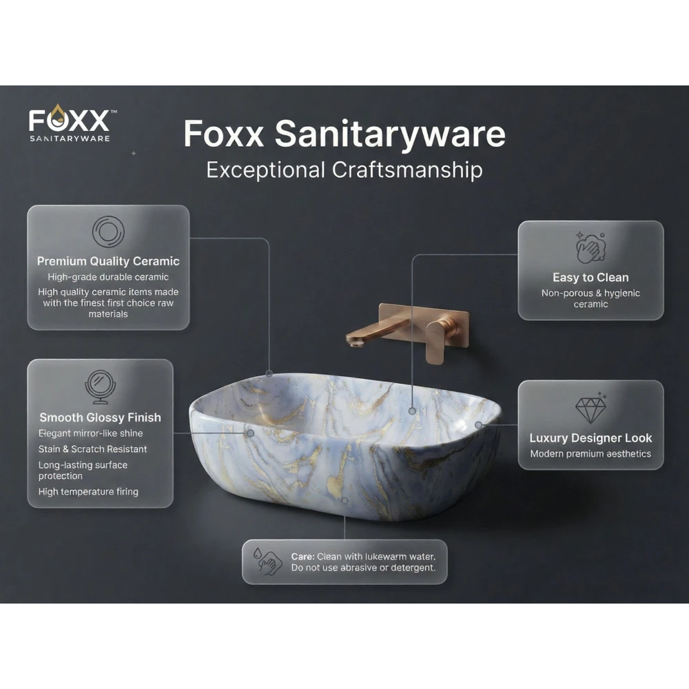 Foxx Sanitaryware Ceramic Premium Designer Wash basin for Home, Hotels (18x13x5)(M-61) (18x13x5) Royal (M61) Table Top Basin (Shining Blue Marble Design)