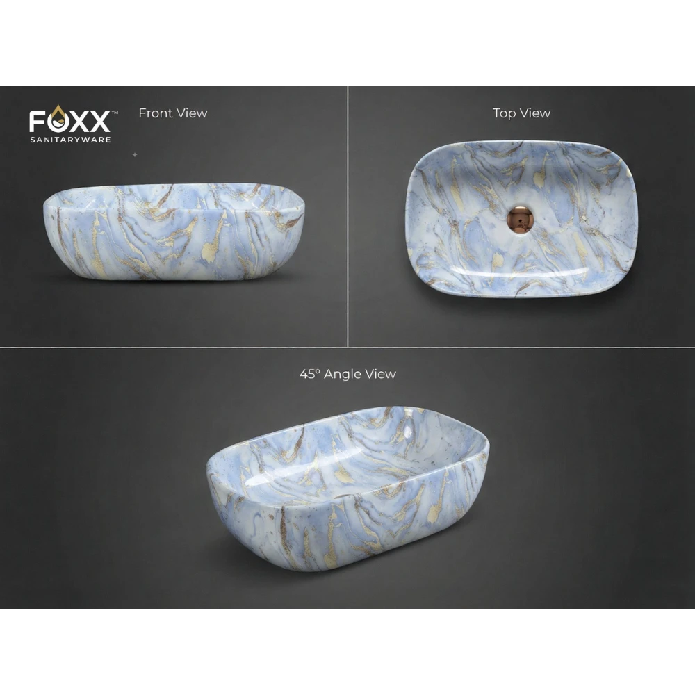 Foxx Sanitaryware Ceramic Premium Designer Wash basin for Home, Hotels (18x13x5)(M-61) (18x13x5) Royal (M61) Table Top Basin (Shining Blue Marble Design)