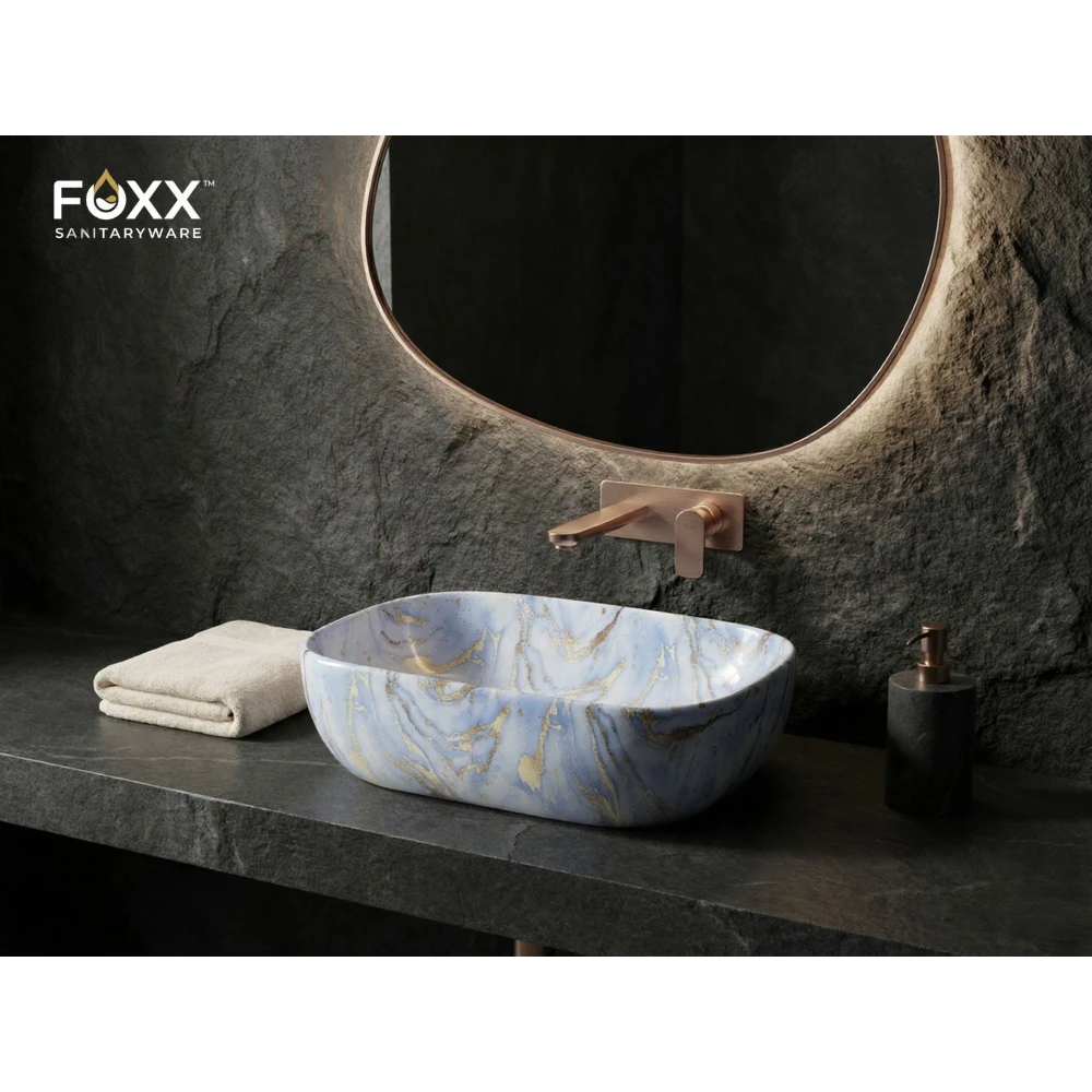 Foxx Sanitaryware Ceramic Premium Designer Wash basin for Home, Hotels (18x13x5)(M-61) (18x13x5) Royal (M61) Table Top Basin (Shining Blue Marble Design)