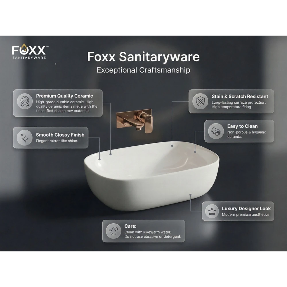 Foxx Sanitaryware Ceramic Premium Designer Wash basin for Home, Hotels (18x13x5)(Diamond White) (18x13x5) Royal (Plain White) Table Top Basin (Plain White)