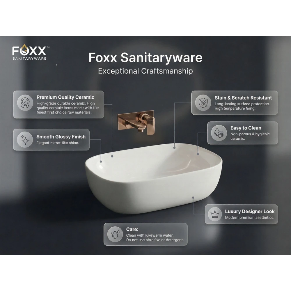 FOXX Premium White Ceramic Wash Basin(White Gloss)(18x13x5) for Home and Hotels (18x13x5)(High Goss White) Table Top Basin (White)