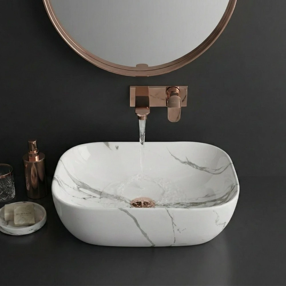 FOXX Ceramic Premium Wash basin for Home, Hotels (18x13x5)(M-34 New) (18x13x5) (White & Grey Marble Design) Top Mount (White & Grey Marble Design)