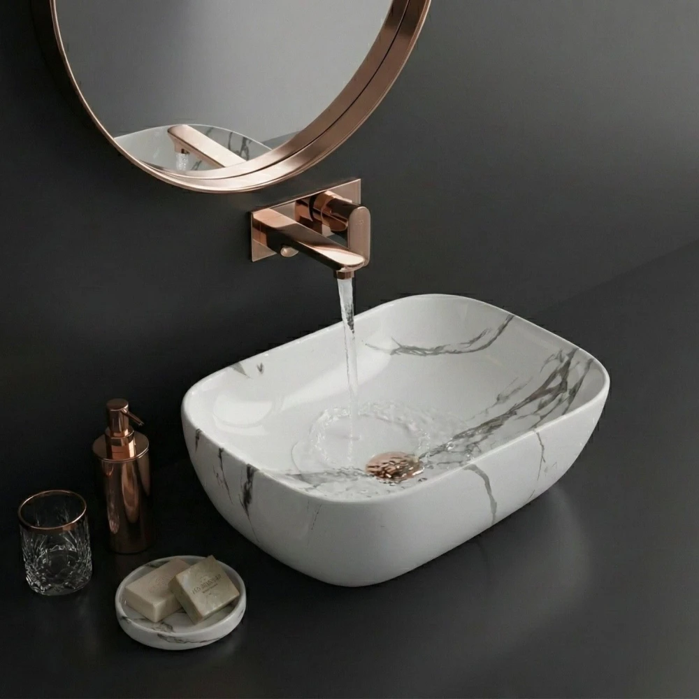 FOXX Ceramic Premium Wash basin for Home, Hotels (18x13x5)(M-34 New) (18x13x5) (White & Grey Marble Design) Top Mount (White & Grey Marble Design)