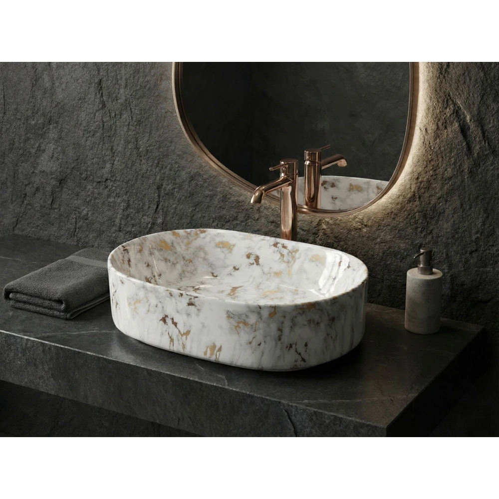 Foxx Sanitaryware Ceramic Premium Wash basin for Home, Hotels (19x13x5)(M-01) (18x13x5) Royal (M01) Table Top Basin (Golden & White Marble Design)