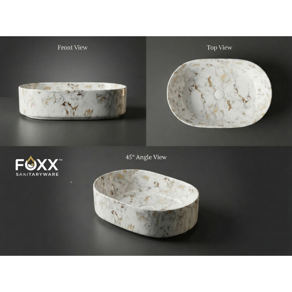 Foxx Sanitaryware Ceramic Premium Wash basin for Home, Hotels (19x13x5)(M-01) (18x13x5) Royal (M01) Table Top Basin (Golden & White Marble Design)