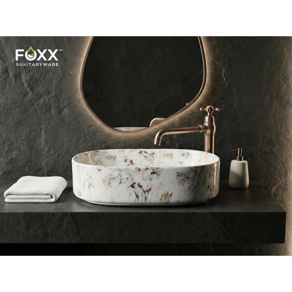 Foxx Sanitaryware Ceramic Premium Wash basin for Home, Hotels (19x13x5)(M-01) (18x13x5) Royal (M01) Table Top Basin (Golden & White Marble Design)