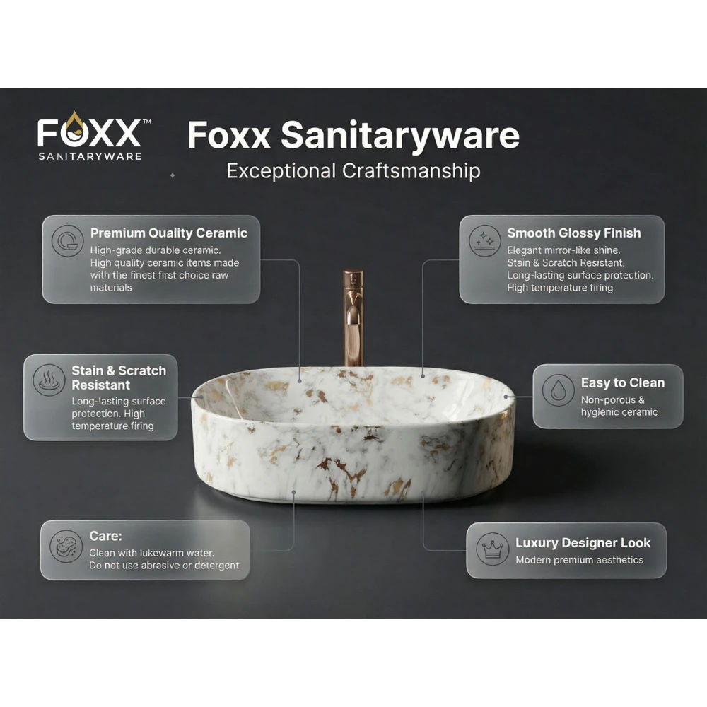 Foxx Sanitaryware Ceramic Premium Wash basin for Home, Hotels (19x13x5)(M-01) (18x13x5) Royal (M01) Table Top Basin (Golden & White Marble Design)