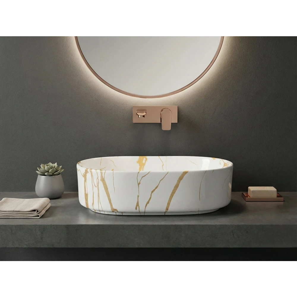 Foxx Sanitaryware Ceramic Premium Designer Wash basin for Home, Hotels (19x13x5)(M-51) (19x13x5) (M-51) Table Top Basin (White & Gold Marble Design)