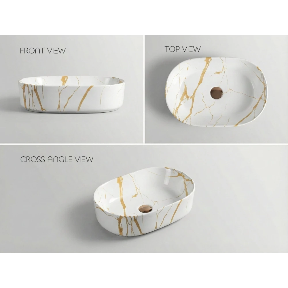 Foxx Sanitaryware Ceramic Premium Designer Wash basin for Home, Hotels (19x13x5)(M-51) (19x13x5) (M-51) Table Top Basin (White & Gold Marble Design)