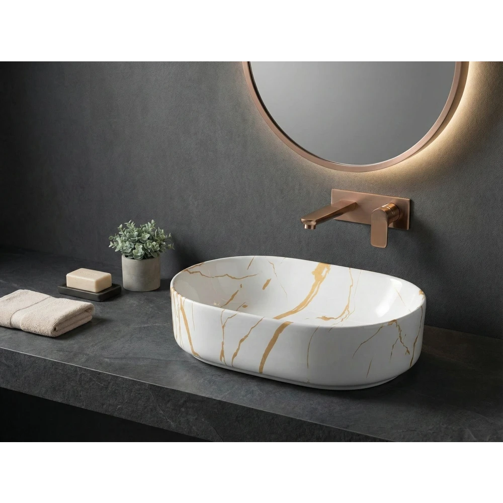 Foxx Sanitaryware Ceramic Premium Designer Wash basin for Home, Hotels (19x13x5)(M-51) (19x13x5) (M-51) Table Top Basin (White & Gold Marble Design)