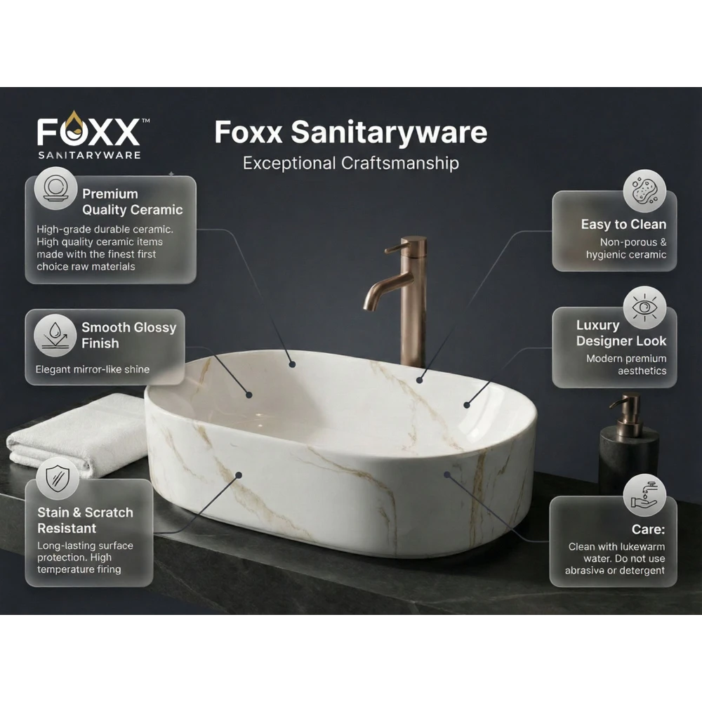 Foxx Sanitaryware Ceramic Premium Wash basin for Home, Hotels (19x13x5)(M-34-OL) (19x13x5) Royal (M34-OL) Table Top Basin (Light Ivory & White Design)