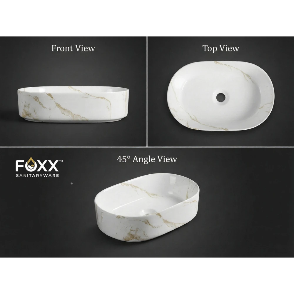 Foxx Sanitaryware Ceramic Premium Wash basin for Home, Hotels (19x13x5)(M-34-OL) (19x13x5) Royal (M34-OL) Table Top Basin (Light Ivory & White Design)